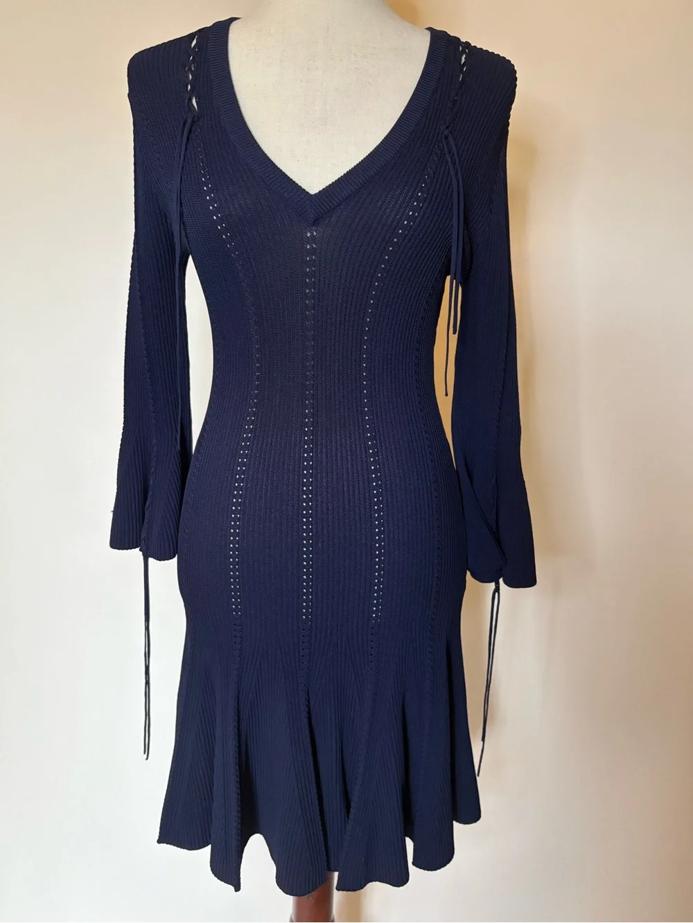 Johnathan Simkhai V-Neck Linked Rib Knit Flared Dress with Lace Up Details Sz S - Picture 3 of 9